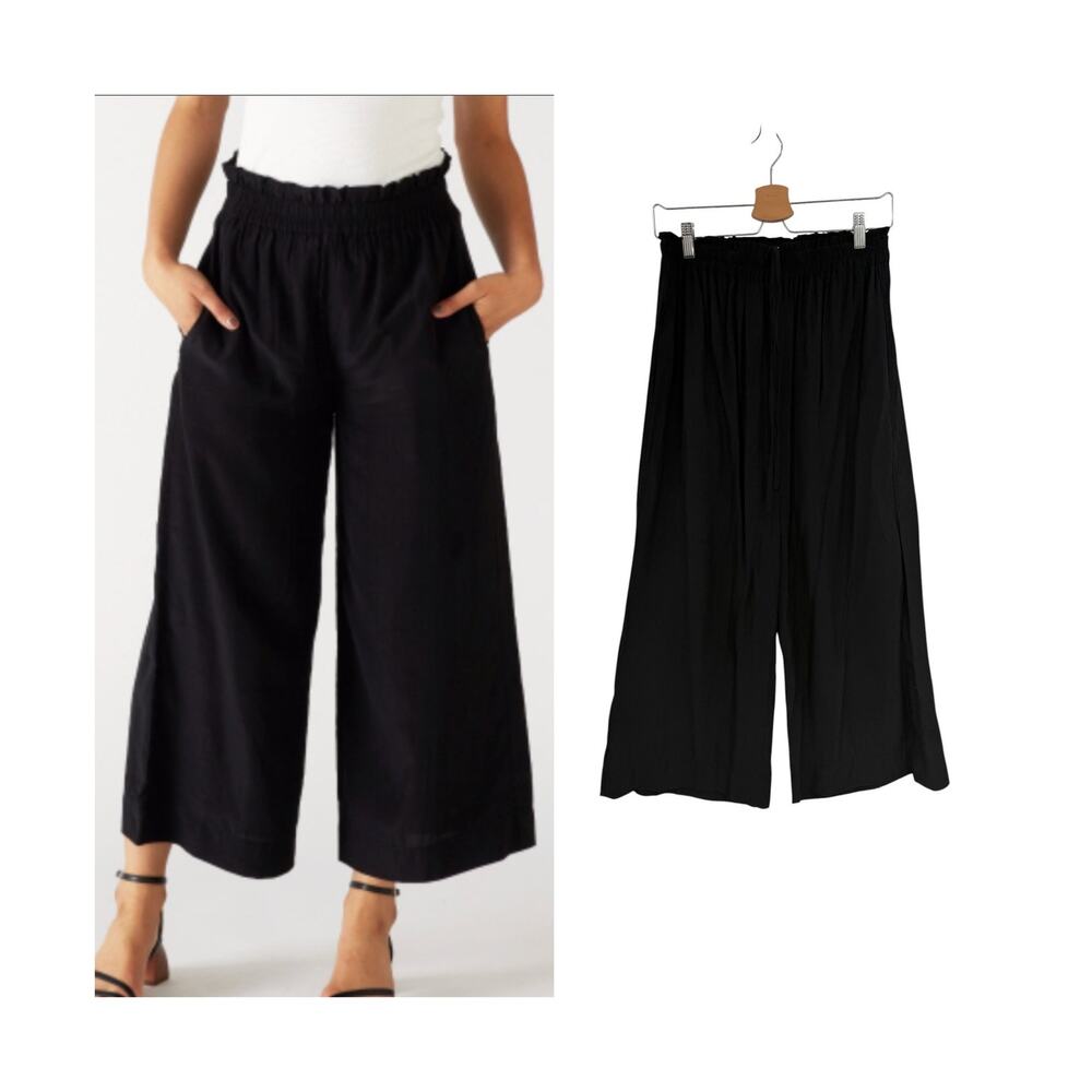 Mersea Ibiza Wide Leg Pull On Pants Black Ruffle Waist Pockets Size Small NWT